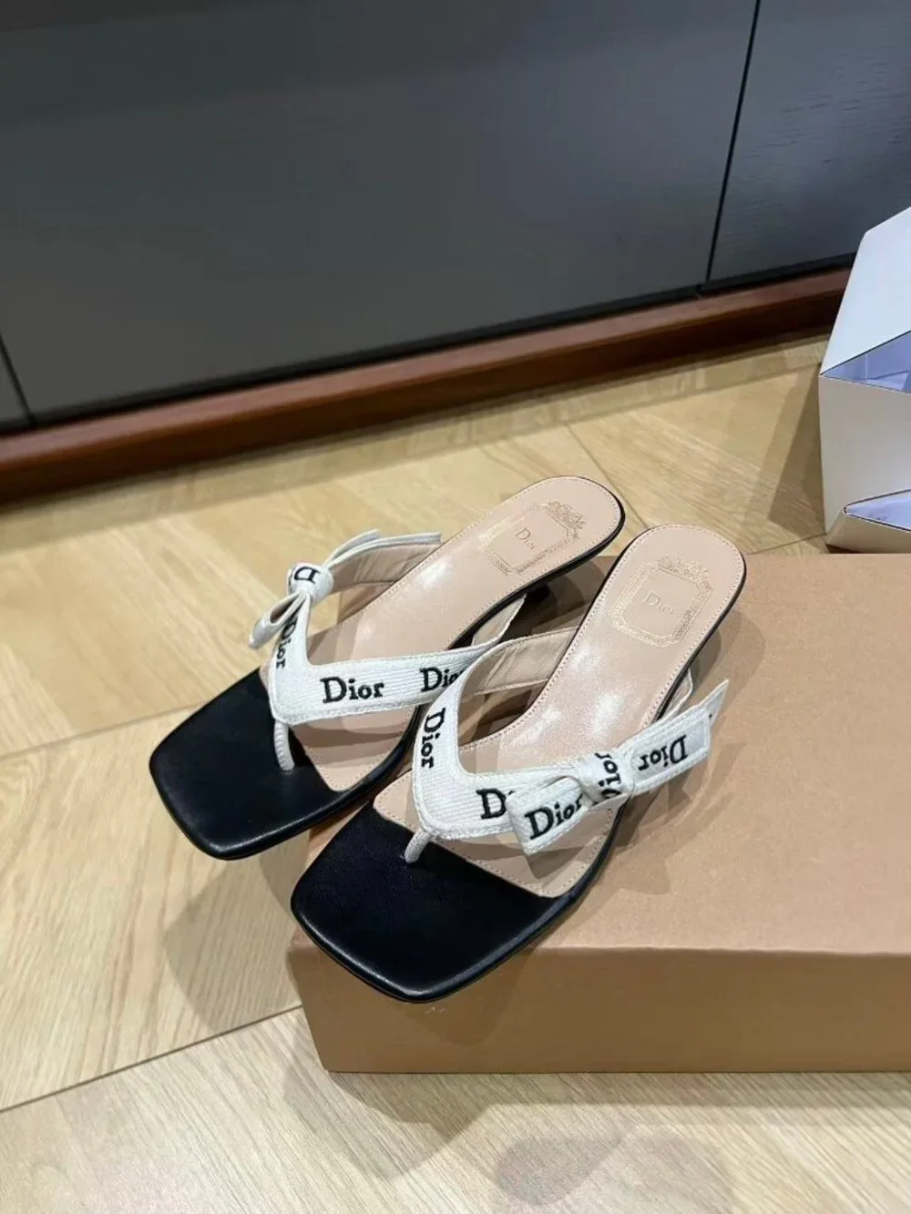Dior Black Leather Logo Ribbon Bow Kitten Heel Thong Mule Sandals
